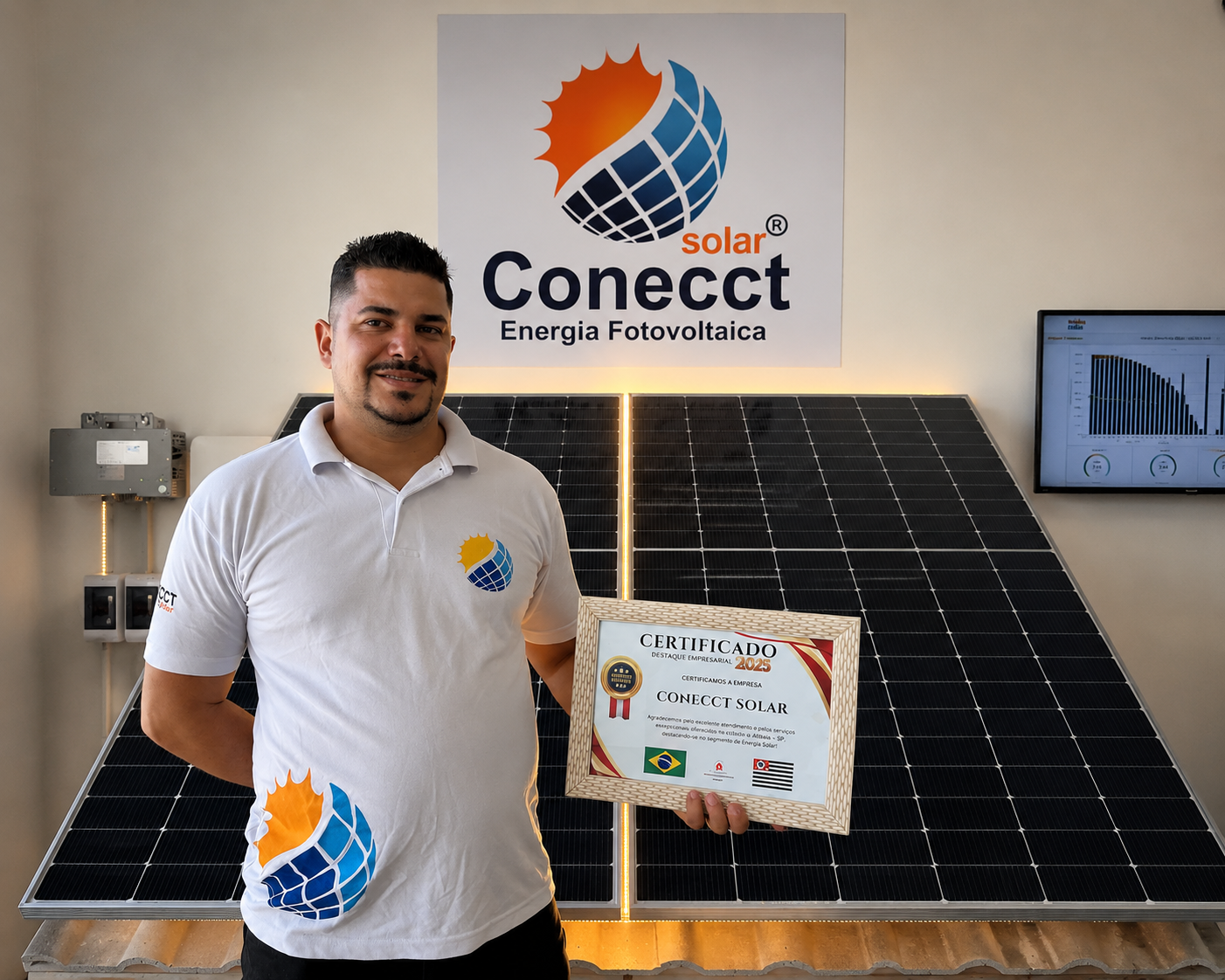 Rafael com certificado da Conecct Solar em showroom fotovoltaico